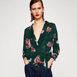 Zara Green Floral Crane Kimono Wrap Blouse